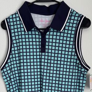 Lillie Green Women's Sleeveless Golf Polo‎ Shirt - Navy Aqua Grid Pattern
